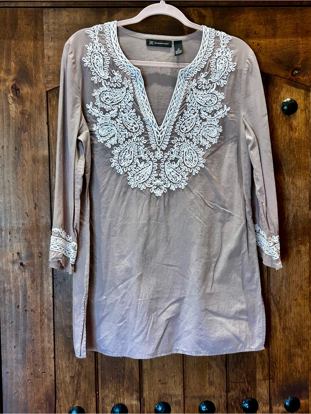 INC. International Embroidered V-Neck Tunic with White Paisley Detail, Size 12